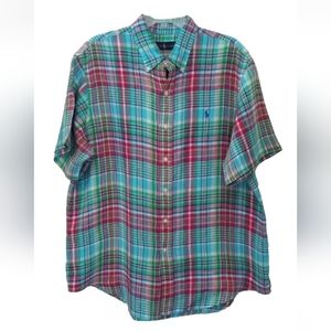 Ralph Lauren 100% Linen Short Sleeve Shirt Madras Plaid Mens Size XL Polo Button